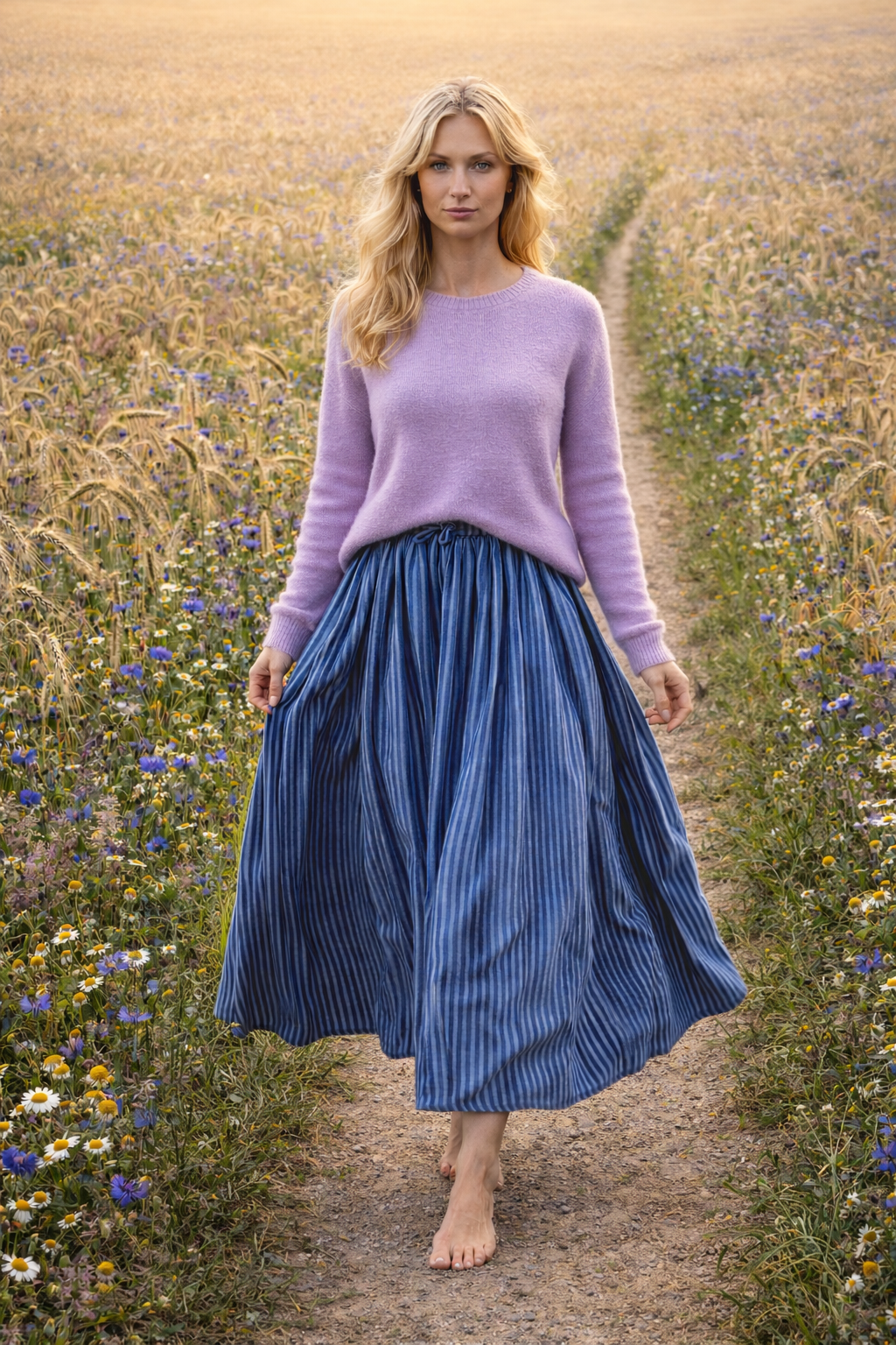 vrouw op een pad tussen bloemen